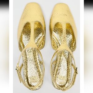 NEW Zara Gold Front T-strap Flats Metal Animal Snake Print Square Toe, Size 39